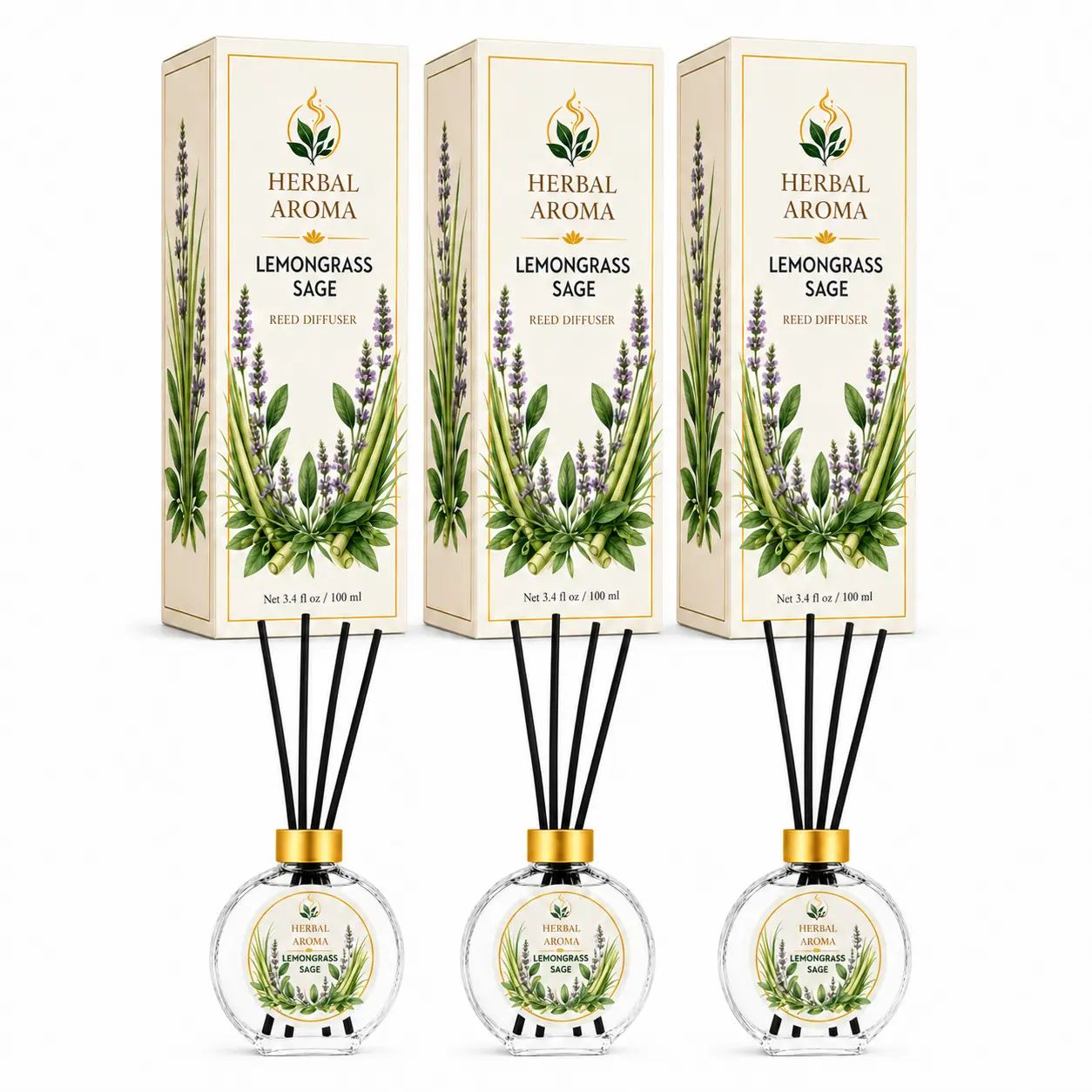 Herbal Aroma Patchouli Reed Diffuser Set, 3 Pack Home Fragrance Diffusers, 100 mL Each, 300 mL Total, Warm Earthy Reed Diffusers for Home & Office