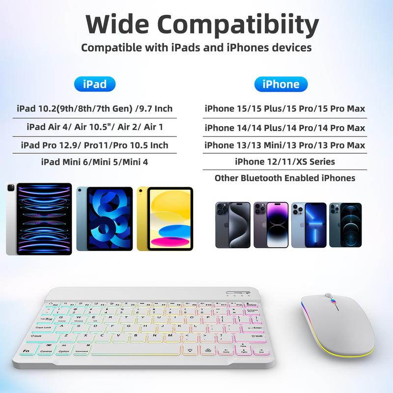 Compact & Portable Multicolor Keyboard & Mouse Set, Slim Wireless Bluetooth Keyboard, Ideal for iPad, Tablet, Laptop | Office & Home Use
