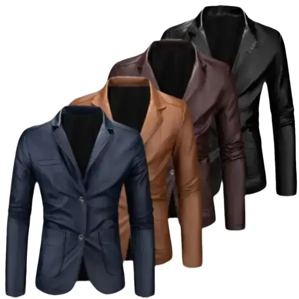 Men's Classic Slim-Fit Single-Breasted Faux Leather Solid Button Do-Not-Iron Jacket - Business Casual Commuter Top for Versatile Occasions