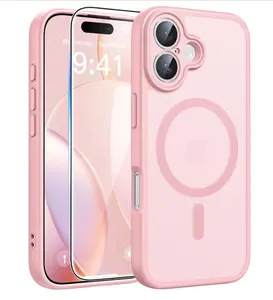 for iPhone 16 Case: [Compatible with Magsafe] Translucent Matte Cases with [Full Camera Protection] [Screen Protector] Military Grade Shockproof Protective Phone Cover - Light Pink