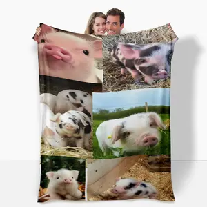 Pig Velvet Blanket - Heavyweight 30s Flannel Fabric, Super Soft All-Season, Cute Pig Collage on Gold Background - Suitable for Bed, Sofa - Ideal Gift for Pet Lovers, Heavyweight Flannel