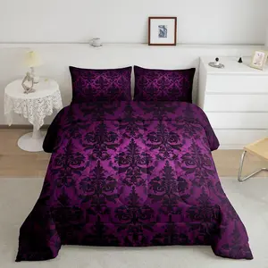 Gothic Bedding Set,- Victorian Black Damask & Floral Comforter,Purple