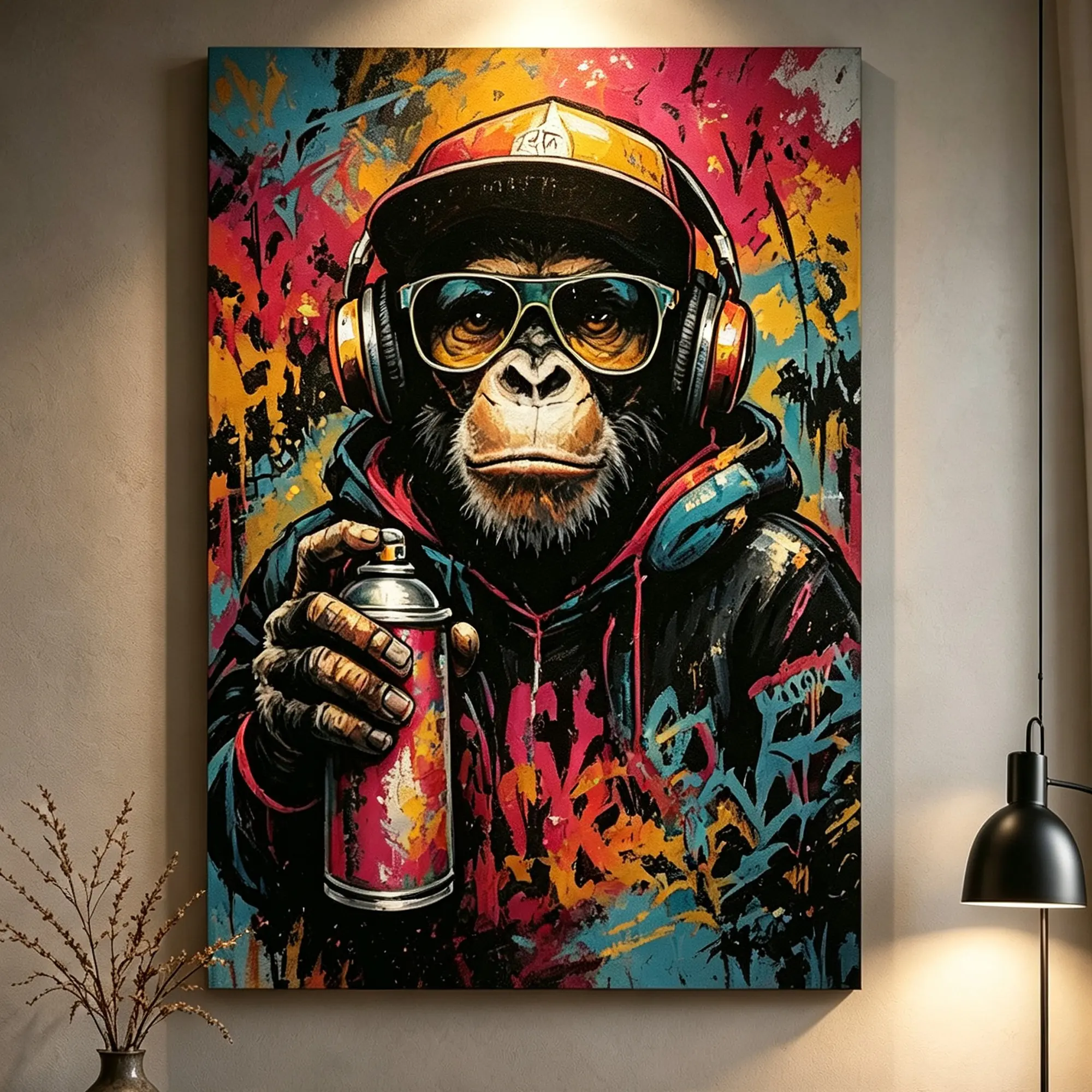 Colorful Graffiti Chimp Wall Art Canvas, Cool Monkey with Headphones Poster, Street Culture Home Decor, Modern Gift for Art Lovers