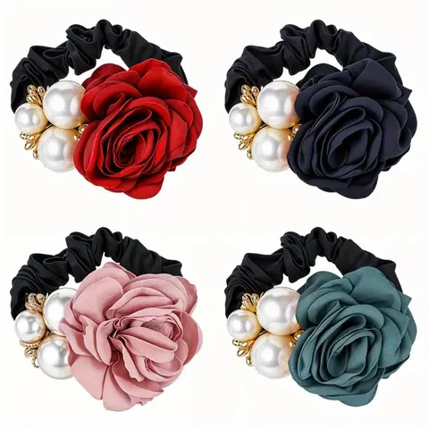 Women's Fashion 4-Pcs Hair Accessories Set for Friends - 2cm & 1.4cm Rose-Shape Fabric Headbands, Rhinestone Rings, Pearl Mix Scrunchies, Everyday Hair Ties Elastic Ponytail Holders
