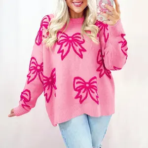 Women’s Pink Bow Pattern Drop Shoulder Long Sleeve Sweater for Valentine’s Day – Casual Knitwear with Drop Shoulder and Crew Neck Design – Women’s Apparel