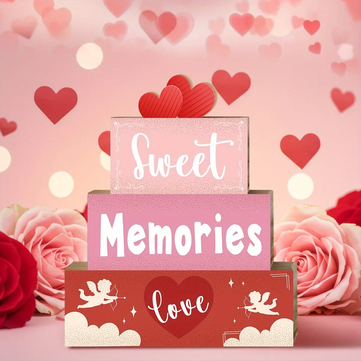 4 Pcs Valentine Table Decor Wooden Red Love Decoration, Valentine's Day Be Mine Centerpiece, Sweet home Valentine Tiered Tray Decor Red Heart Block Signs Gift for Farmhouse Home Kitchen,valentine's day display set,Table Decoration for bedroom