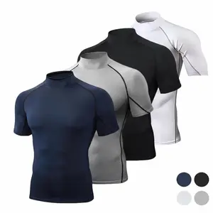 High neck tight fitting quick drying clothes for men's summer stretch T-shirt, running and fitness training clothes, sweat inducing sports compression short sleeves