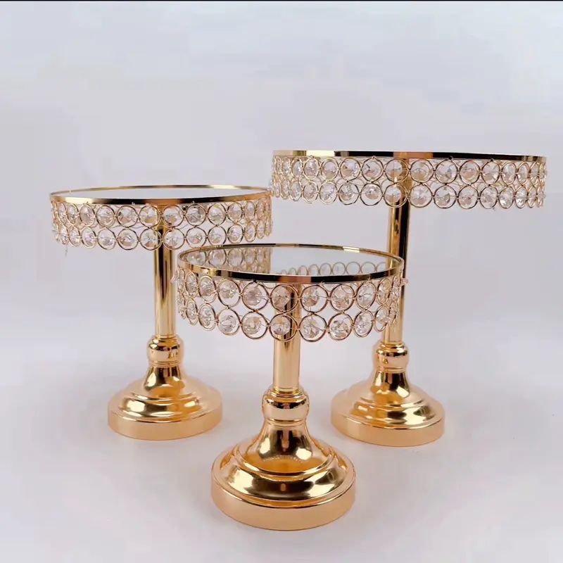3pcs Gold Round Mirror Cake Stands Metal Pedestal Holder with Crystals Party Cupcakes Dessert Cheese Display Plates for Wedding Party Birthday Baby Shower Celebration Home Decor 8”10”and 12”