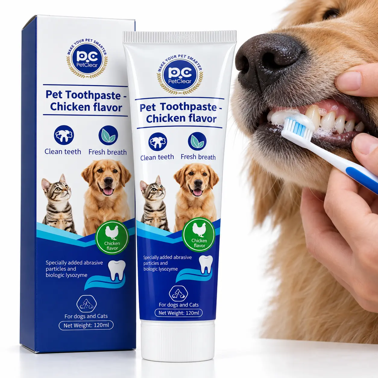 PetClear Dog & Cat Oral Care Toothpaste, Milk & Chicken Flavor Dental Gel, Gently Exfoliates Plaque to Reduce Resistance