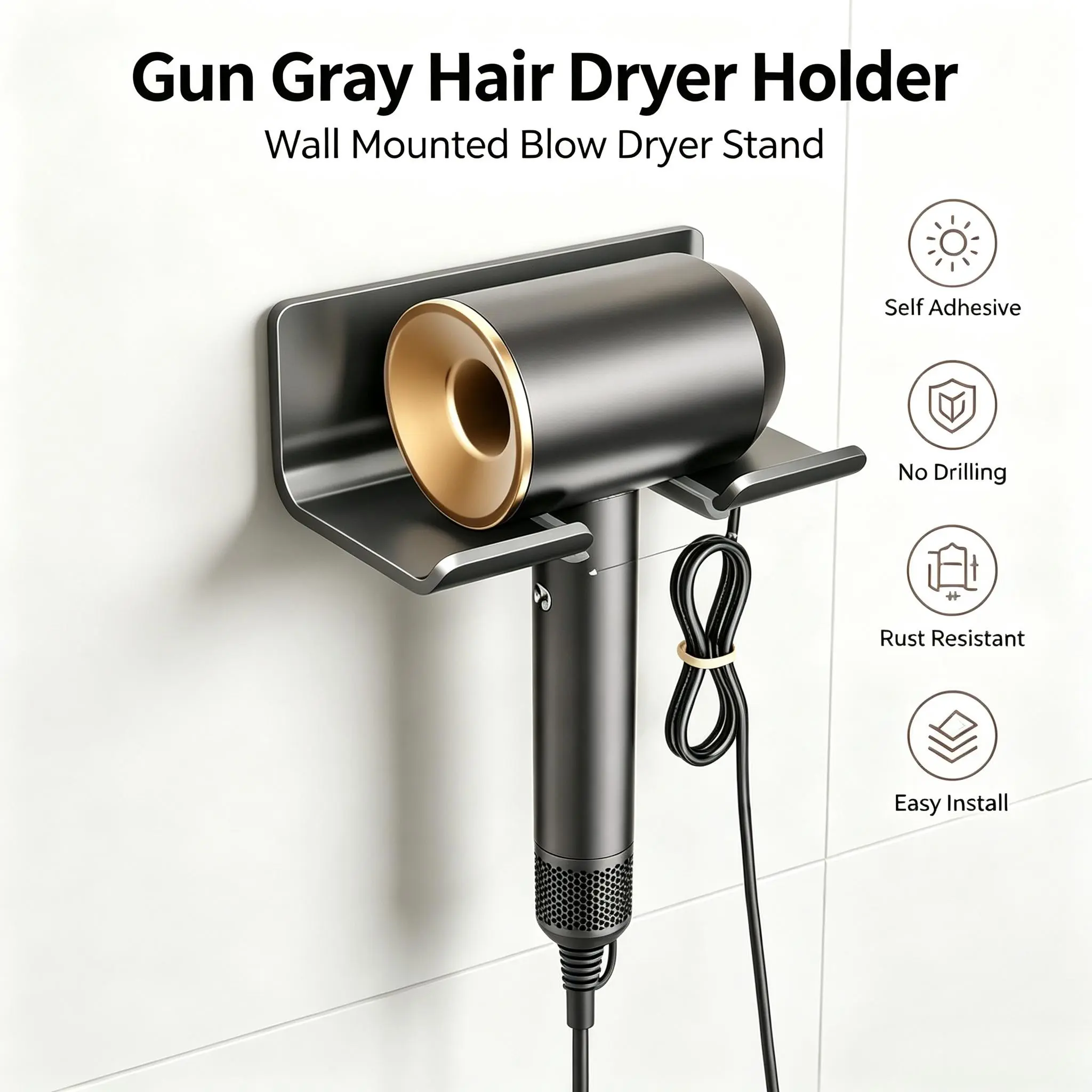 Wall‑Mounted Hair Dryer Holder, Punch‑Free Self‑Adhesive Bathroom Blow Dryer Rack with Plug Positioning Slot for Bathroom Vanity