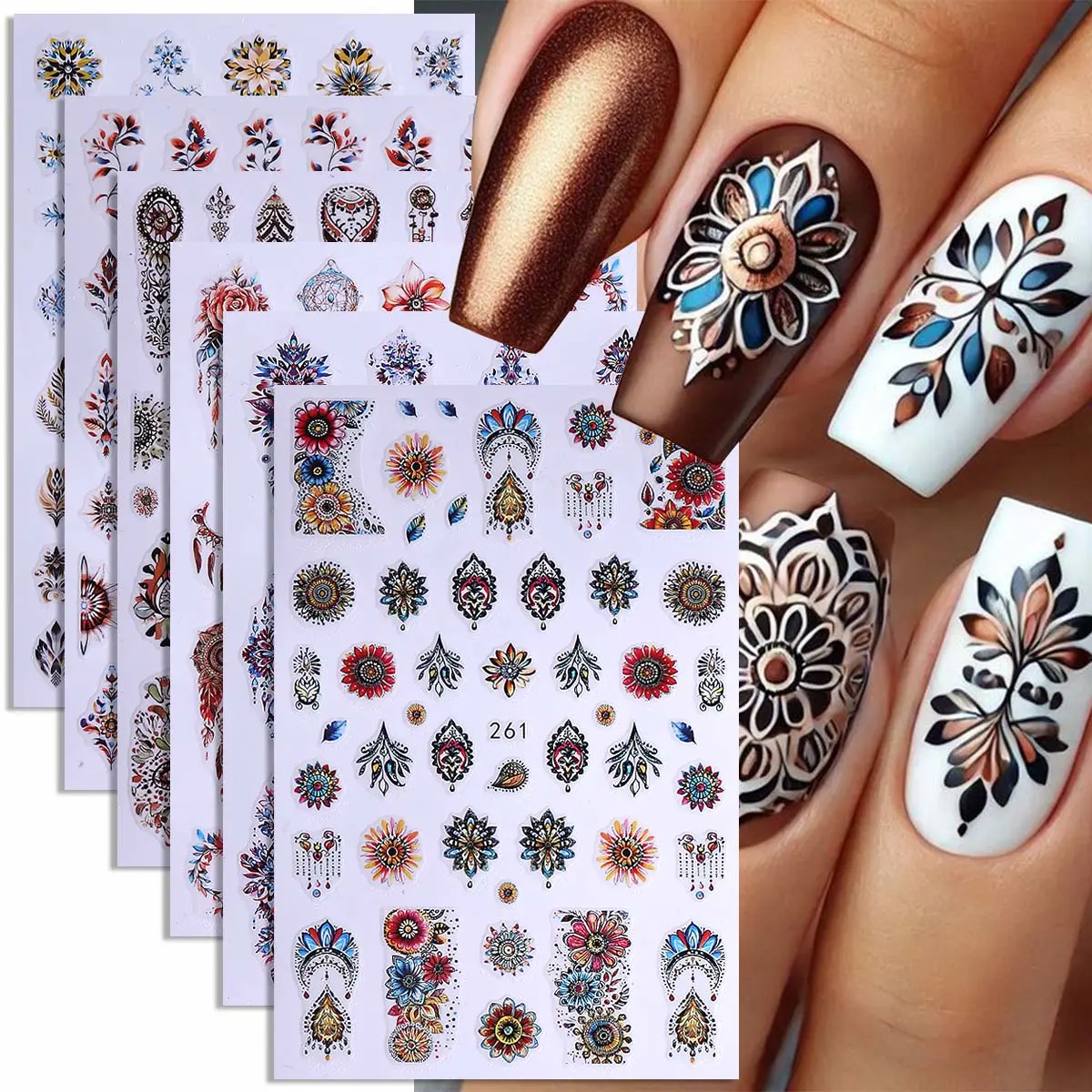 6pcs Bohemian 3D Nail Art Stickers Set, Nail Art Design, Paisley Floral Mystical Patterns, Perfect for Women & Girls, Decorative Nail Decals, DIY Nail Art, Nail Art Sheet, Nail Art Supplies