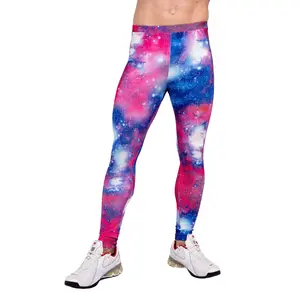 KAPOW MEGGINGS Interstellar Pink & Blue Galaxy Print Men's Leggings Breathable 4-Way Stretch for Gym Yoga Festival Workout Activewear Machine Washable