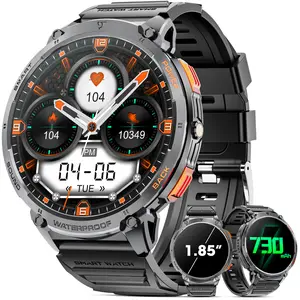 Military Smartwatch for Men, 730 mAh Battery,LED Flashlight,1.85-inch HD Touchscreen,For Android and iOS (BT Call Answer/Dial), Fitness Tracker with Two Straps. Wearable Smartphone