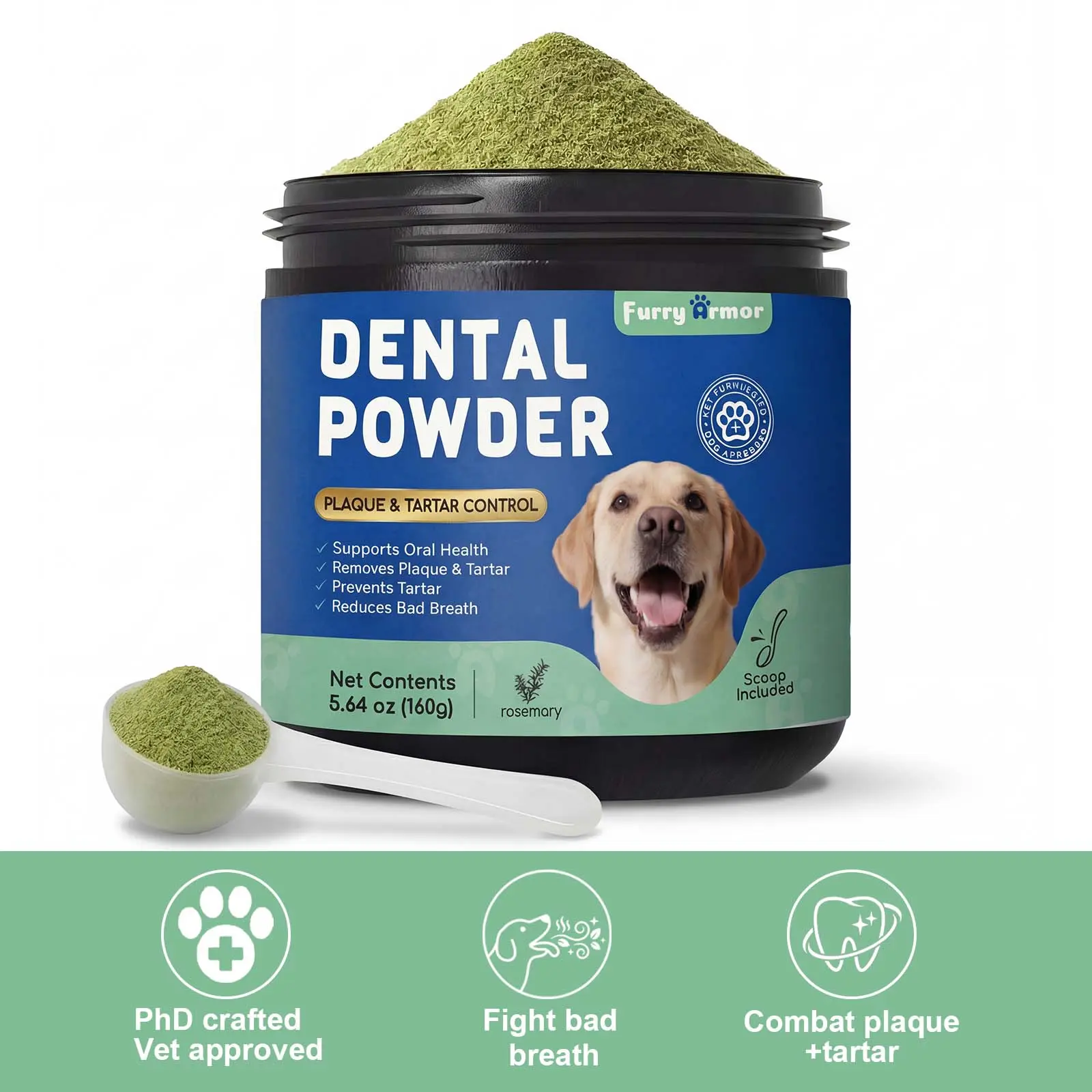 Furry Armor Dog & Cat Dental Powder Cleaner - 5.64oz (160g) No-Brush Plaque & Tartar Removal, Breath Freshener with Natural Brown Algae & Probiotics for Gum Health Support