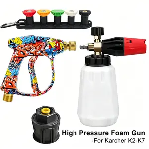 Graffiti High-pressure Water Sprayer Foam Sprayer with 1/4 Fast Nozzle Set & Rubber Nozzle Bracket, Suitable for Karcher K2-k7 Cleaning Machine, Car Washing Spray, 1L large capacity Adjustable Foam Sprayer，Car Detailing Cleaning Tool, Foam Lance