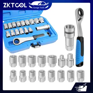 17PCS Pass Through Socket Set, Heavy Duty Cr-V Steel Universal Ratchet Wrench, Space-Saving Thin Profile Mechanics Tool Kit, Enhanced Grip Low Profile Drive Spline Socket Set for Hard-to-Reach Bolts