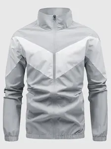 Outdoor Sports Men's Light Grey Patchwork Quilted Jacket with Zipper for Comfortable Outdoor Activities Geometric Design