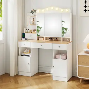 White Makeup Vanity Desk with Three - Fold Mirror and Lights, 43'' Vanity Table Set with 2 USB Power Strip & 2 Top Hidden Storage Cabinet, Dressing Table with 3 Drawers and 2 Cabinets