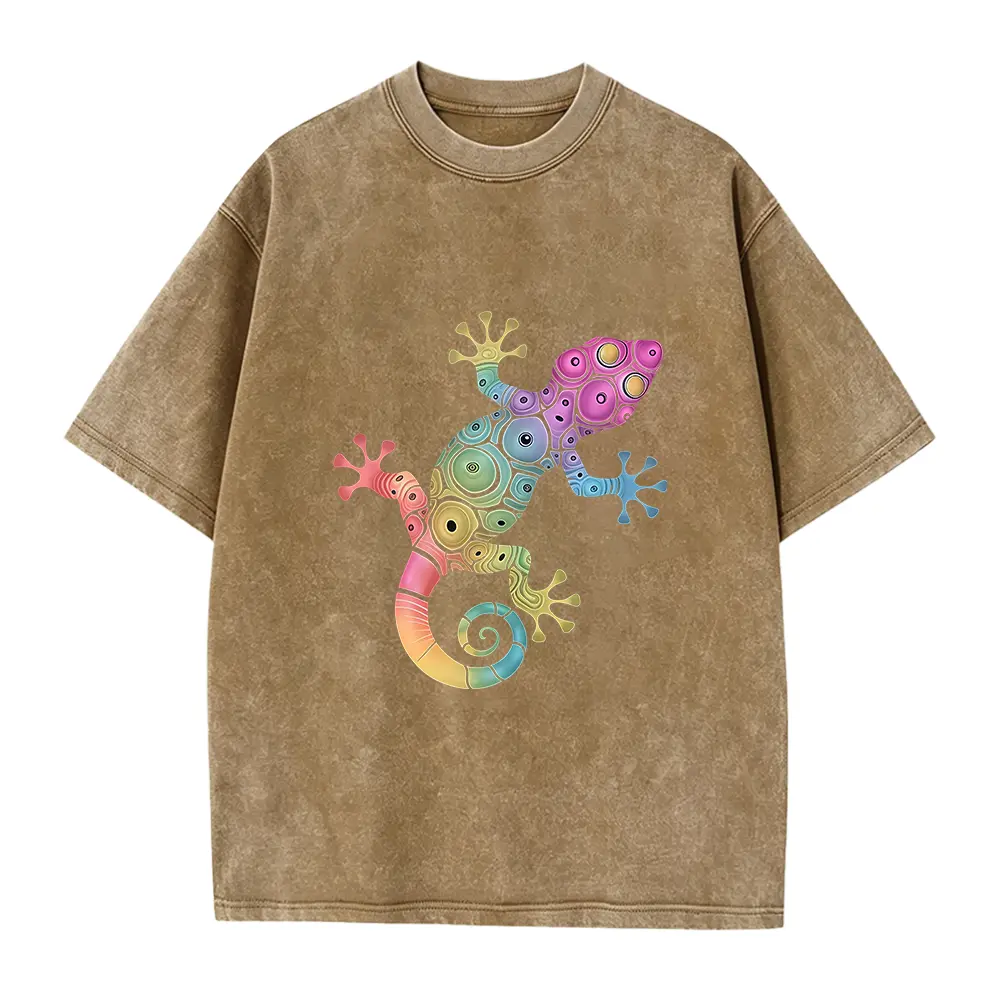 Summer New Arrival Elegant Women's Party T-shirt with Colorful Gecko Print, Short Sleeves, Trendy Casual Versatile T-shirt, Round Neck for Daily Casual Fashion in Vintage Style. Women's Spring/summer Casual Sporty Style, Comfortable and Soft