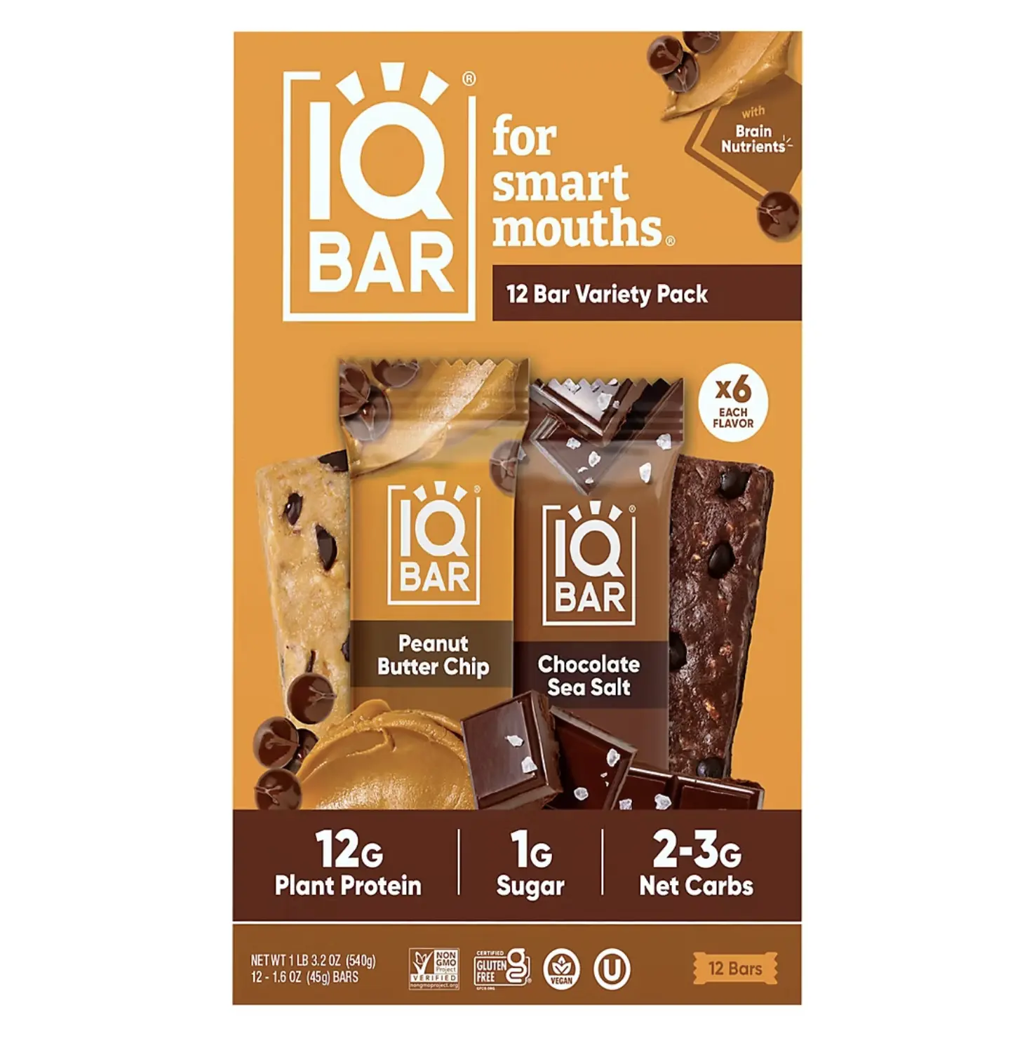 IQBAR Plant Protein Bars, Peanut Butter Chip & Chocolate Sea Salt, Variety Pack, 12g Protein, 12 ct