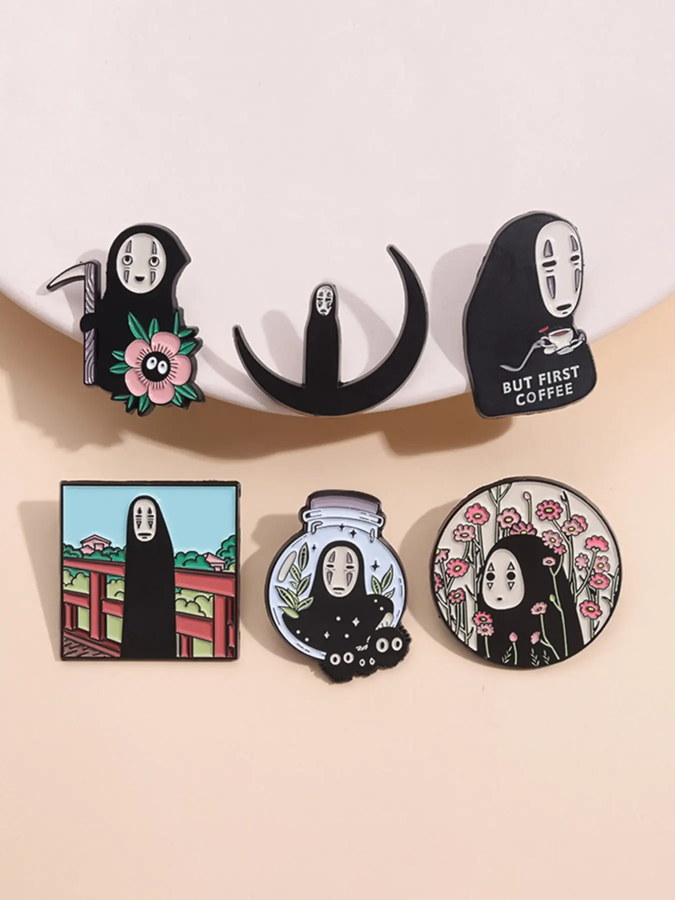 6 Piece Spirited Away No-Face Multi Badge Set, Sakura Scythe and Colorful Character Design, Perfect for Ghibli Fans and Collectors, Accessories, Flower Brooch Pin, Alloy Brooch Pin