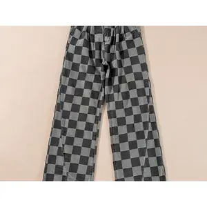 Women's Checkered Denim Wide Leg Jeans Bottom Pants for Dailywear All Seasons Soft Material Comfortable Fit Womenswear Trouser