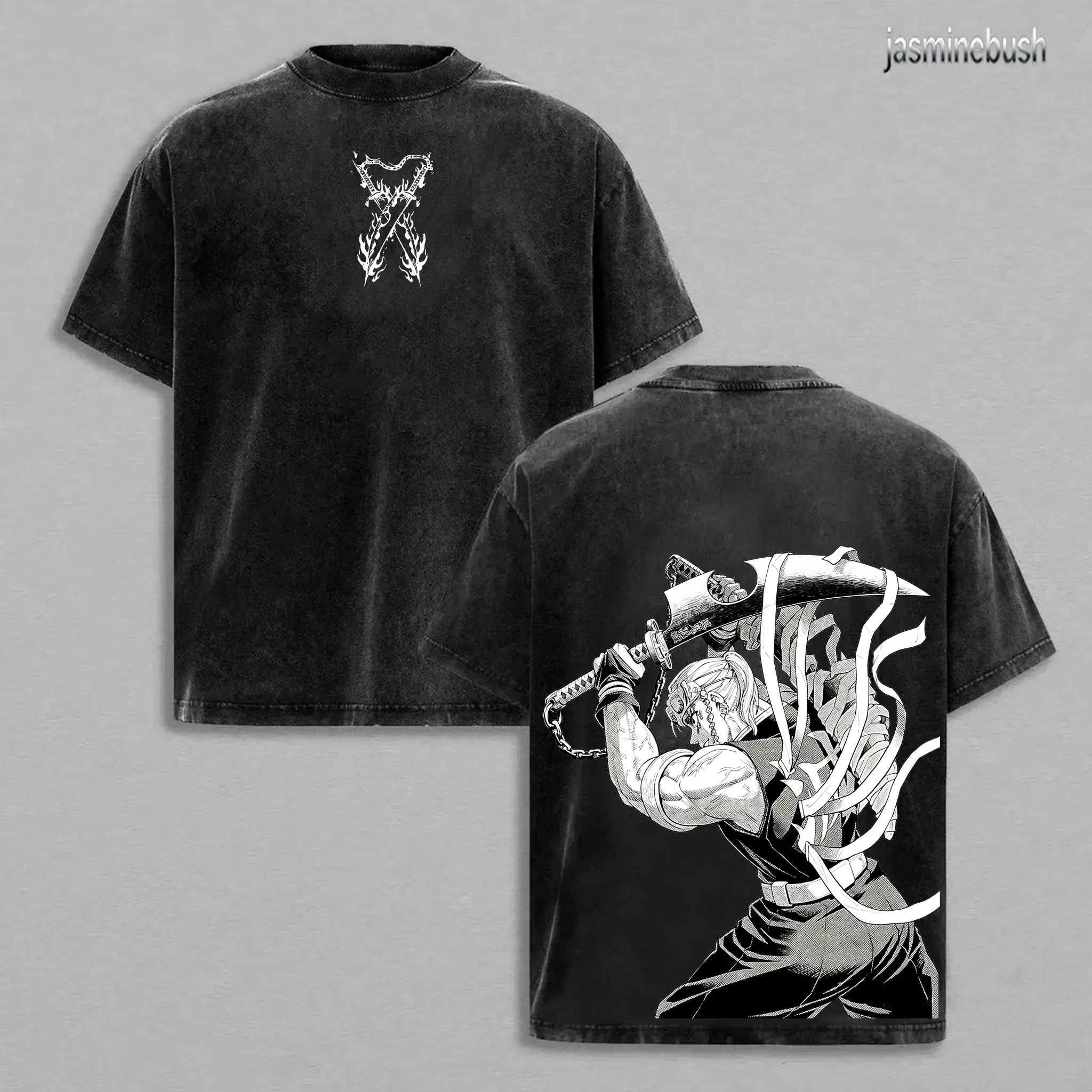 Retro TENGEN UZUI "Sound Hashira" Demon Slayer Corps Double Printed Vintage Washed Tee Unisex Mineral Anime Manga Washed Heavy Cotton T-shirt, Gift For Anime Fan, Anime Lover