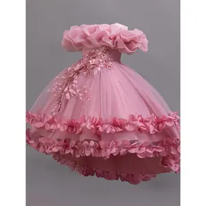 Elegant Red Sleeveless Princess Tutu Dress for Girls - Flowing Train, Floral Embellishments, Sequin Details, Asymmetrical Hem, Perfect for Summer Parties & Special Occasions, Cute Dress