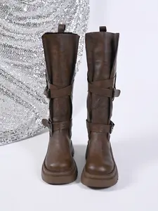 Vintage Motorcycle Style Shoes with Buckle Details, Thick Sole Design for Height Increase, Retro and Modern Fashion Footwear, Casual Ankle Boots