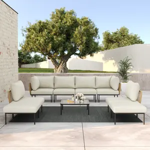 LayinSun 9 Pieces Aluminum Patio Furniture Set, Modern Modular Sectional Sofa with Coffee Table and Upgrade Thickness Cushion, Multiple Packages