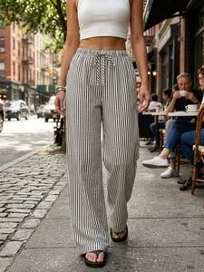 Women's Striped Print Drawstring Waist Pants, Womenswear Casual Comfy Wide Leg Trousers for Daily Wear, Ladies Bottoms for All Seasons