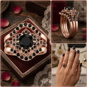 Rose gold three-piece ring set, wedding rose vintage black diamond ring set