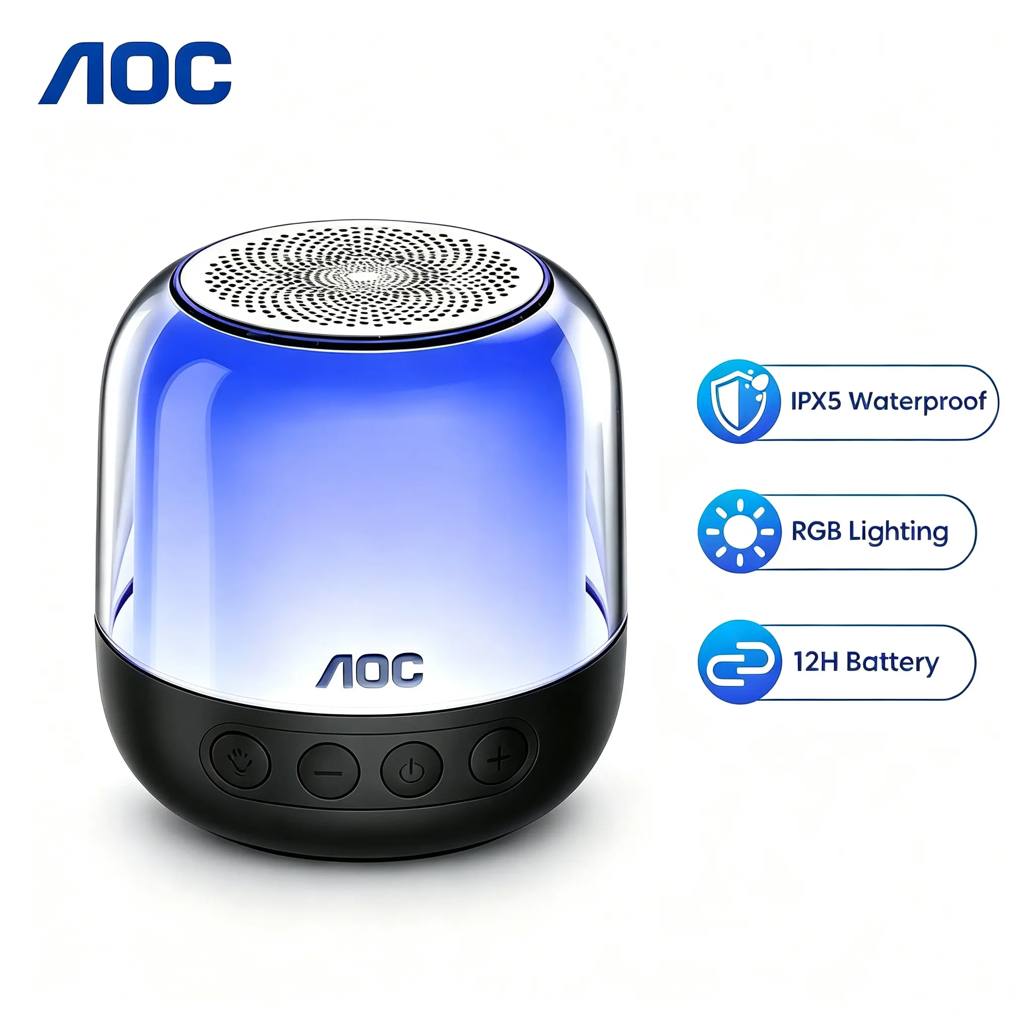 AOC Portable Bluetooth Speaker RGB Lighting, IPX5 Waterproof & 12H Battery Life