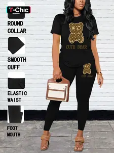 Summer Round Neck Short Sleeve Solid Color Printed T-Shirt Long Pants Set, Womenswear, Casual Fitted for Men and Women Clothes