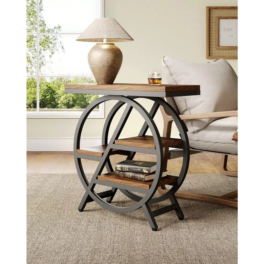 4-Tier End Table For Living Room, Narrow Side Table With Storage, Wood Sofa Side Table With Metal Frame, Industrial Nightstand And Bedside Table For Bedroom, Rustic Brown