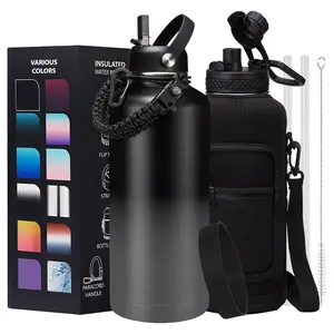 87 oz Water Bottle Black & Gray  - Gallon Insulated Water Bottle with Straw Keep Ice Cold-48H & Hot-24H, Metal Insulated Water Jug with Paracord Handle, Water Bottle Sleeve, Protective Boot