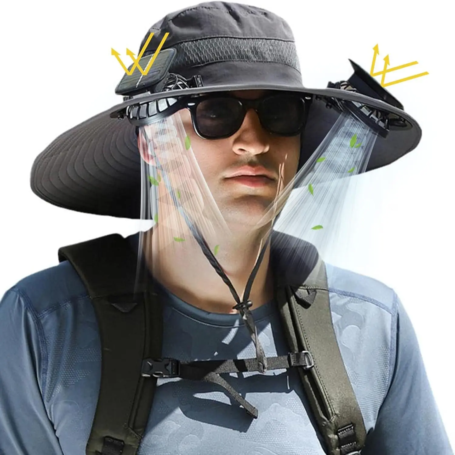 Wide Brim Solar Fan Outdoor Fishing Hat, 2 Solar Fan Hats for Men, USB & Solar Powered Fan Hat, Sombrero para el Sol Hombre, Sombrero con Ventilador Solar, Fan Hat Solar Powered UPF 50+ Grey