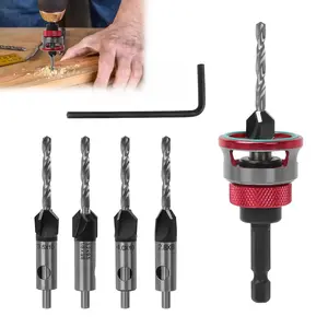 Countersink Drill Bit Set with Depth Stop 4PCS, HCS Four Blades Countersink Bits with Adjustable Depth Stop and L Shape Wrench, Wood Countersink Bit Set for Wood, Plastic, Woodworking