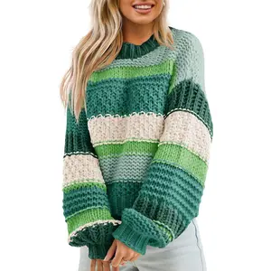Lannew Womens Color Block Sweater Striped Chunky Knit Cropped Sweaters Crewneck Fall Long Sleeve Loose Pullover Tops