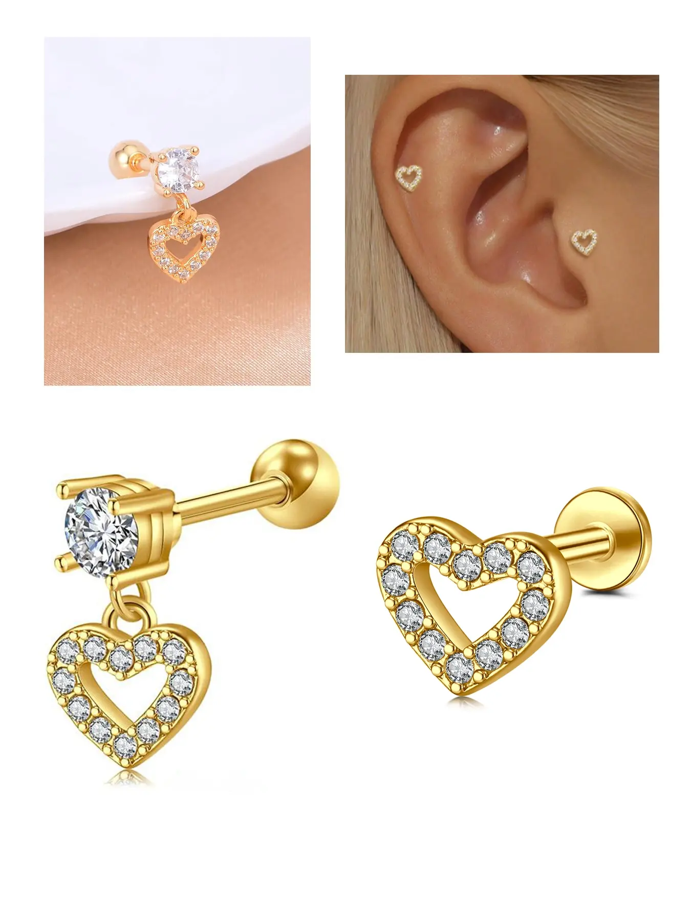 16G Cartilage Helix Earrings Jewelry Stainless Steel Heart Tragus Earring Flat & Ball Back Stud Earrings for Women Ear Studs Heart Shaped Earrings Earring Set