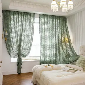 Boho Plaid Transparent Curtain, Top Rod Pocket Hanging, Breathable and Light-Transmitting, Ideal for Bedroom, Living Room, Office, Home Decor
