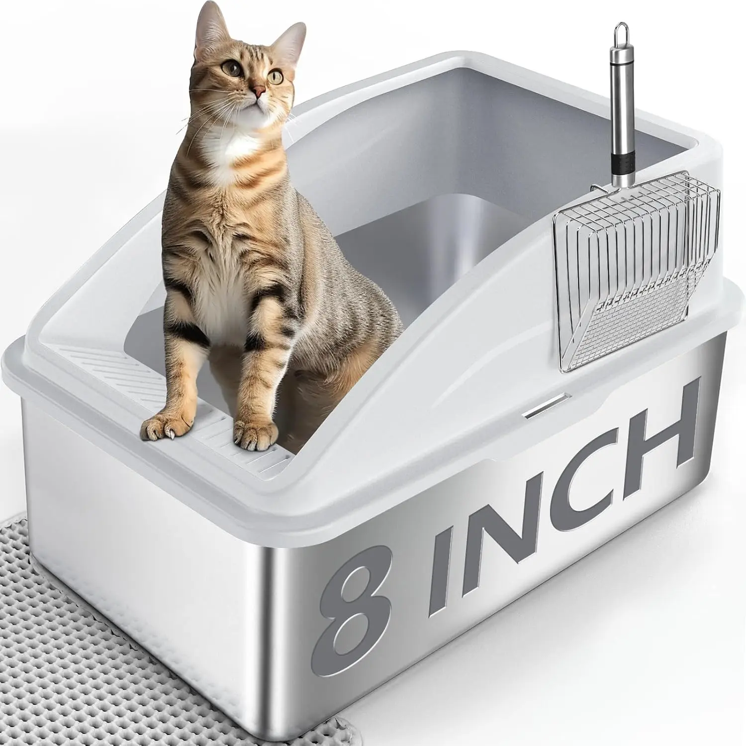 XXL Stainless Steel Litter Box with Lid, Deepened 8" High Sided for Big Cats, Anti-Urine Leakage, Non-Stick Bottom, Easy to Clean, Includes Litter Mat & Metal Scoop