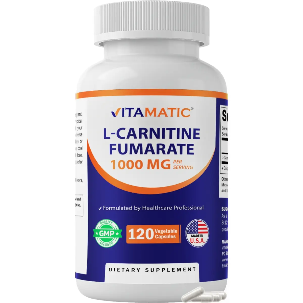 Vitamatic L-Carnitine Fumarate 1000mg Cellular Energy Supplement - 120 Vegetarian Capsules, Fitness Training Support, Daily Supplemental Nutrition Support