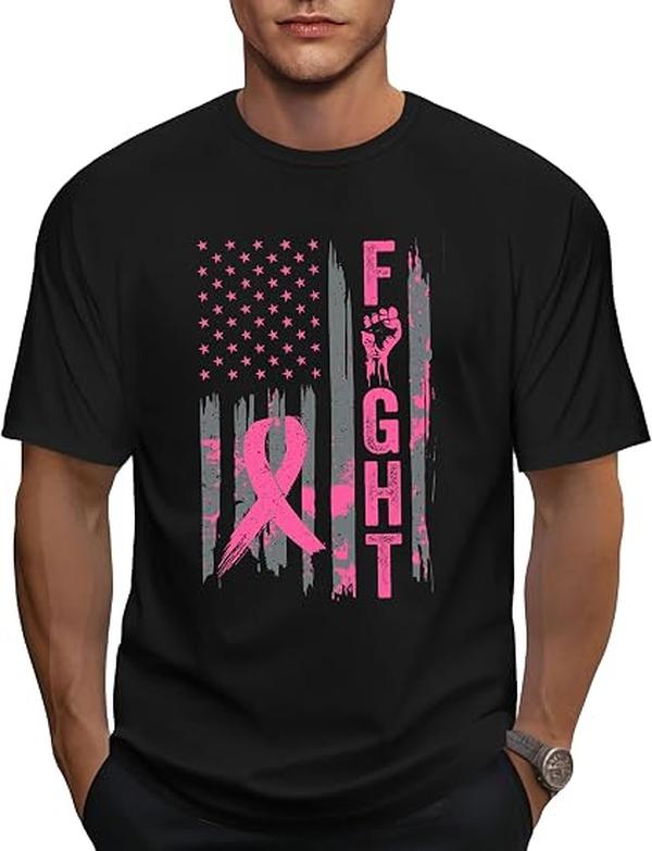 Men's Breast Cancer Awareness Graphic T-Shirt - Soft, Breathable Cotton Short-Sleeve Round Neck Top for October Support