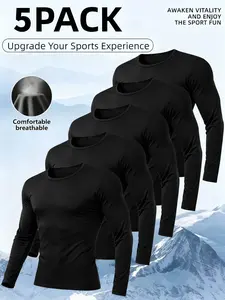 5-piece Men's Sports Top Set Long-sleeved T-shirt Thin Breathable Quick-drying Material for Summer High-elasticity Crew Neck Solid Color Top Suitable for Fitness Running and Cycling Menswear Tshirt oversized sleeve men