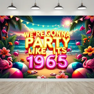 DIENALLS' vibrant 60th birthday party banner - fabric background featuring tropical palm leaves and flamingos, with colorful beach-themed decorations, suitable for photo booths and outdoor events, kdj