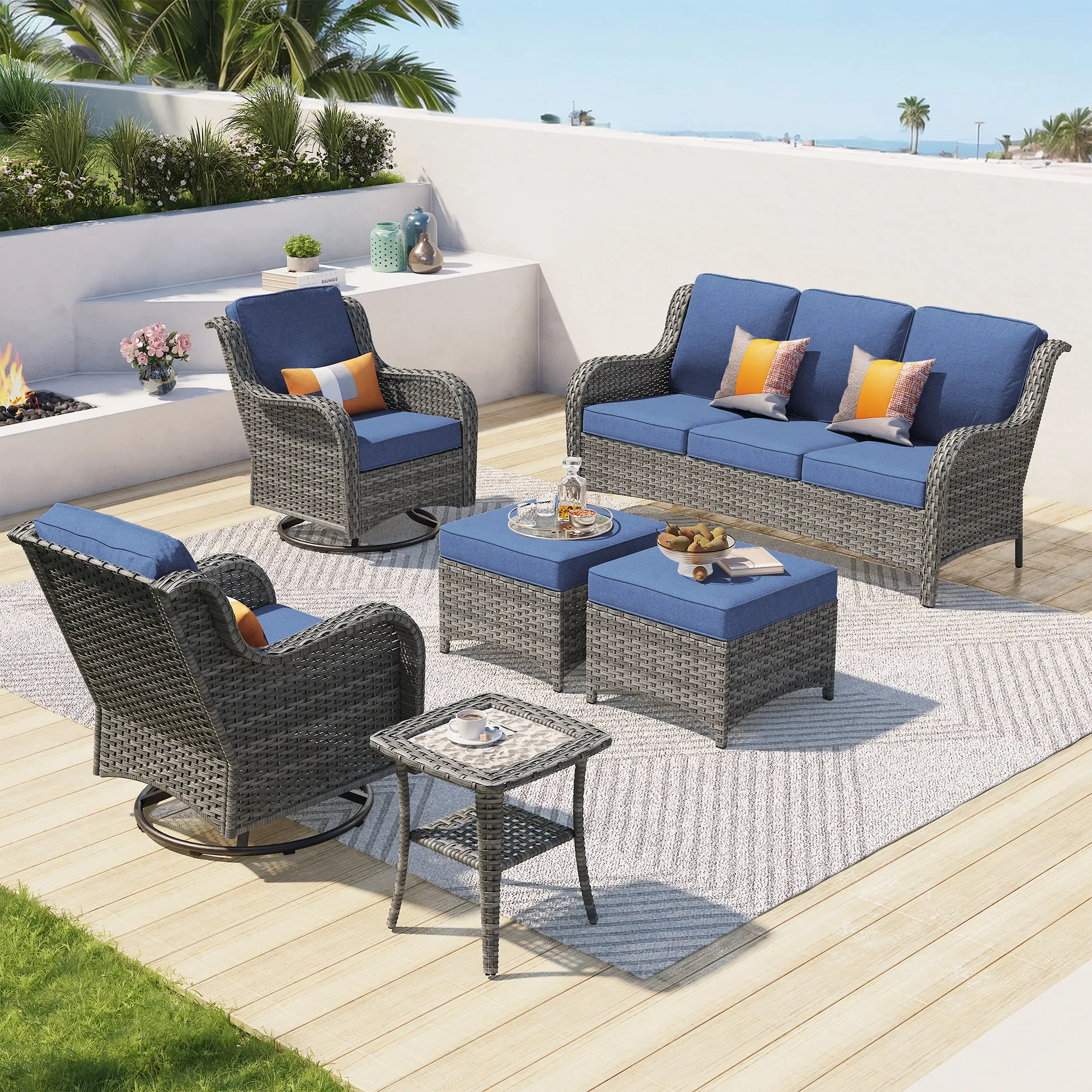 【Family Fun】OVIOS Kenard 6-Piece Outdoor Patio Furniture Set with Rocking Chairs & Table, Wicker Sofa Set with Cushions for Backyard Patio Porch Deck Garden Balcony Outdoor Seating Furniture Set Lounge Comfort