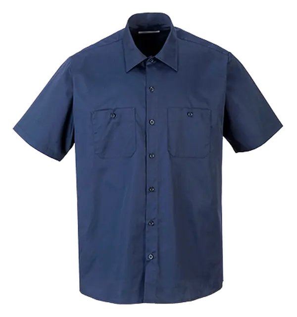 Portwest S124 4XL Industrial Short Sleeve Work Shirt, Navy - Regular, Bartack Pencil Place On Left Pocket, Button, Collared Neck, Sewn In Stays, Snap At Neck, Two Button Pockets