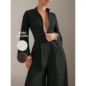 Elegant women’s slim-fit jumpsuit with a round neckline, zipper, pleated waist, flared sleeves, long sleeves, and wide-leg pants; suitable for commuting, dates, and gatherings. GARMENTARY