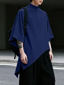 INCERUN Summer Spring Men Irregular Shirt Solid Color Stand Collar 3/4 Sleeve Male Tops Streetwear Fashion Casual Stylish Men Clothing